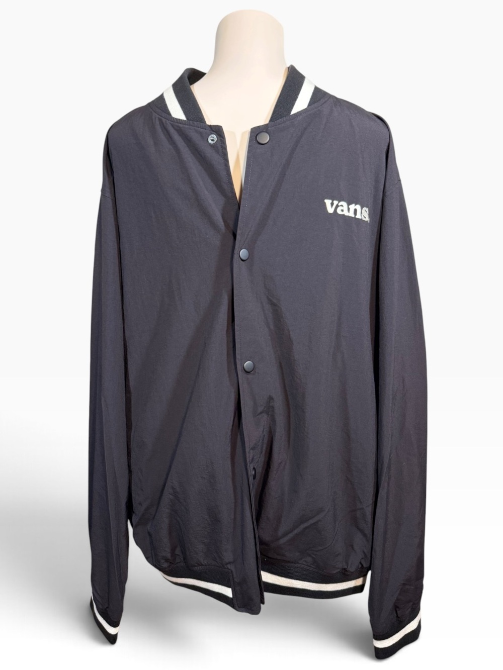 NWT Vans Moore Varsity Bomber Jacket Black White Nylon Snap Front Men's M
